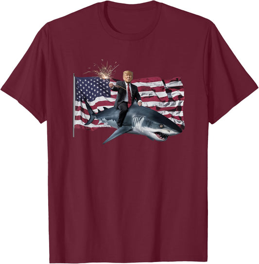 Patriotic Trump Shark American Pride USA Flag July 4th T-Shirt - T-Shirt | Maroon