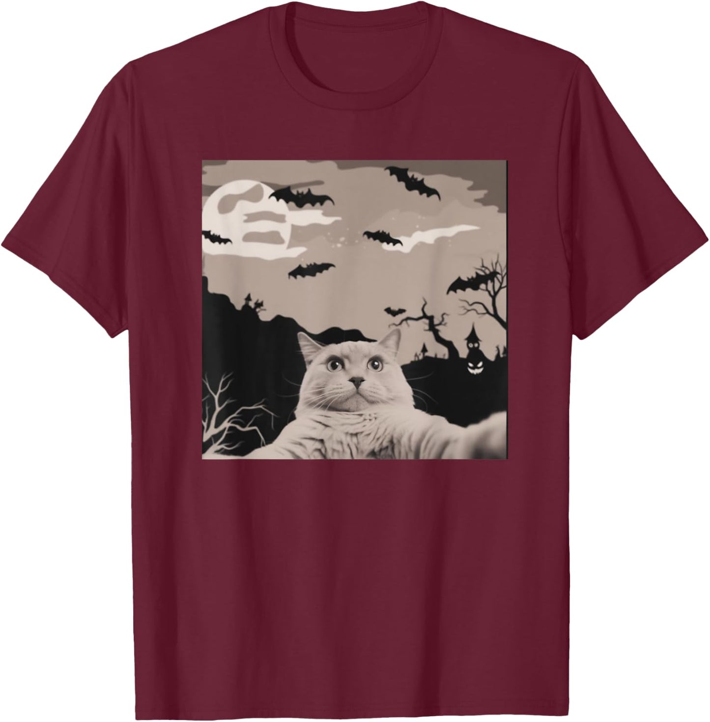 Cat Selfie With Halloween Background Funny Cat Gifts T-Shirt - T-Shirt | Maroon