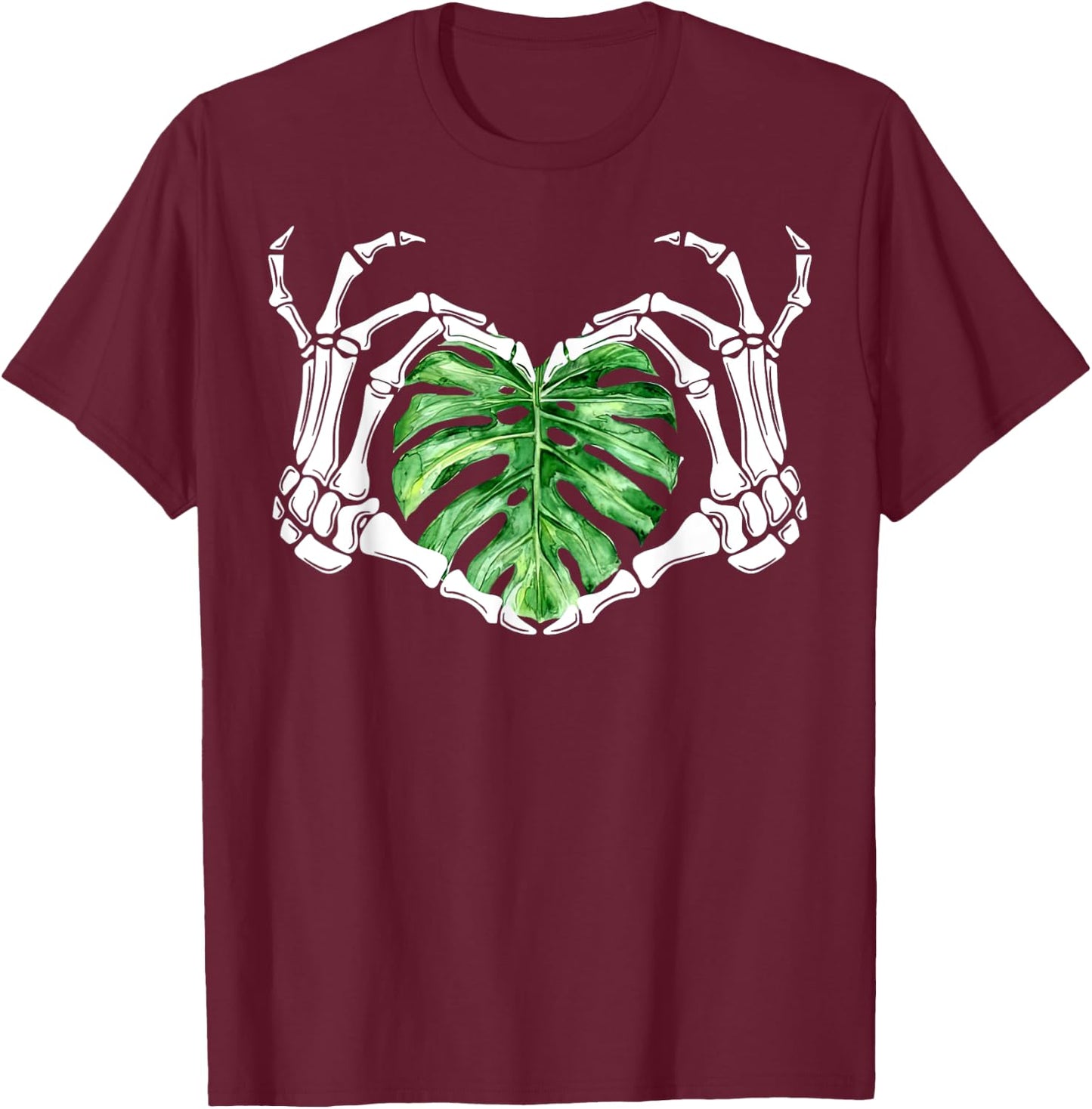 Skeleton Hands Heart Monstera Houseplant Botanical Gardening T-Shirt - T-Shirt | Maroon