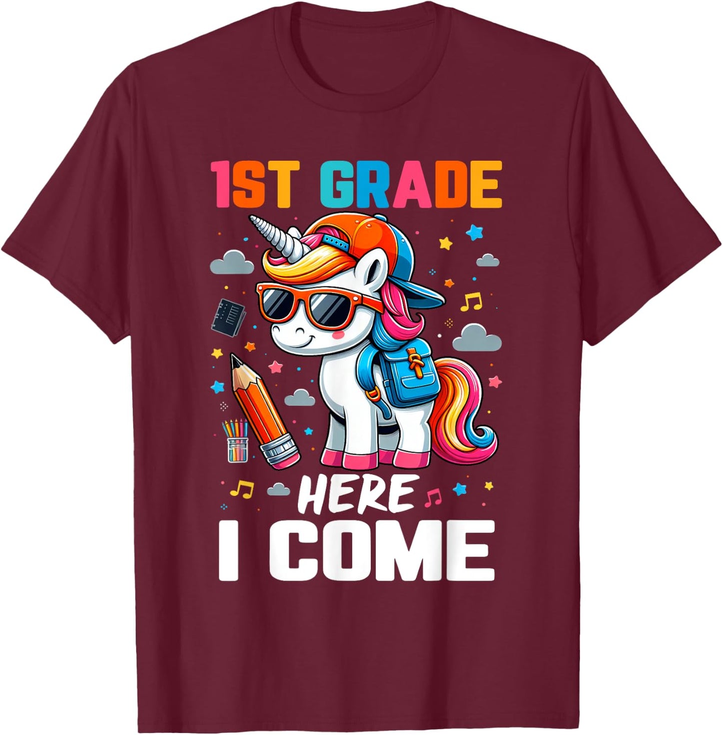 First 1st Grade Here I Come Shirt First Day Of School Girls T-Shirt - T-Shirt | Maroon