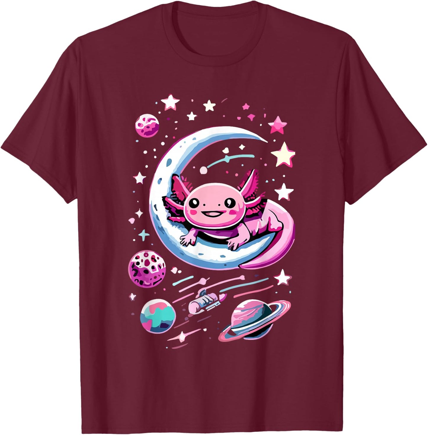 Space Adventure Kawaii Axolotl T-Shirt - T-Shirt | Maroon