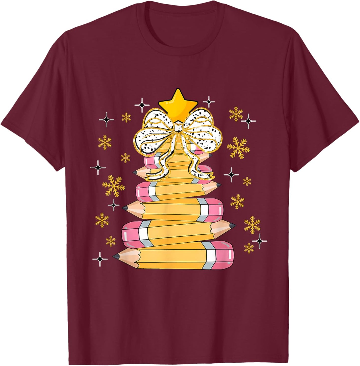 Christmas Pencil Tree Teacher Crayon Tree Light Students T-Shirt - T-Shirt | Maroon