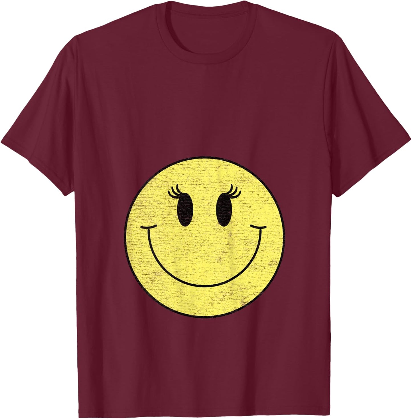 Vintage Cute Eyelashes Yellow Happy Smiling Smile Face Girl T-Shirt - T-Shirt | Maroon