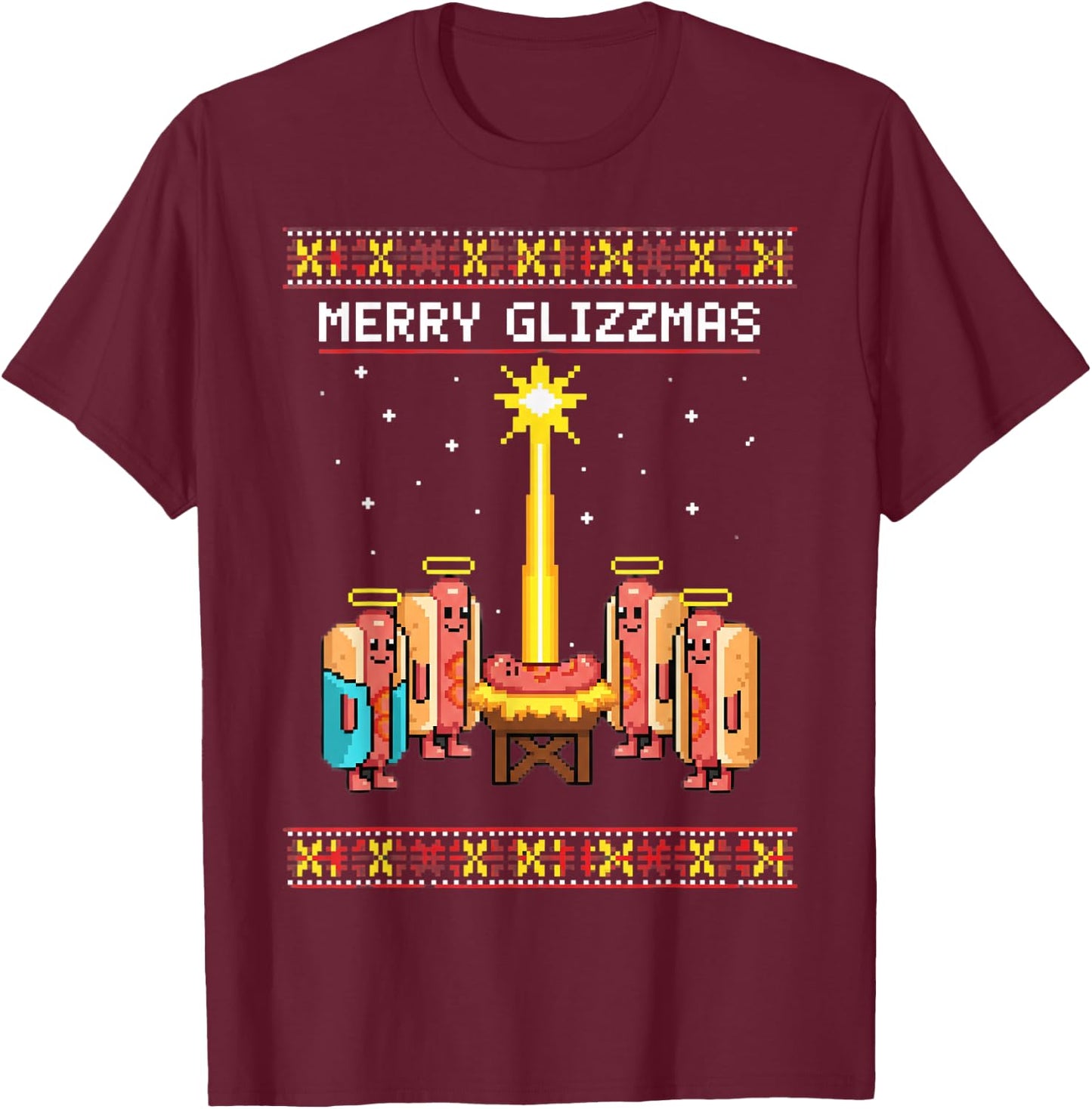 Dog Merry Glizzmas Retro Hotdog Squad Pixel Art T-Shirt - T-Shirt | Maroon