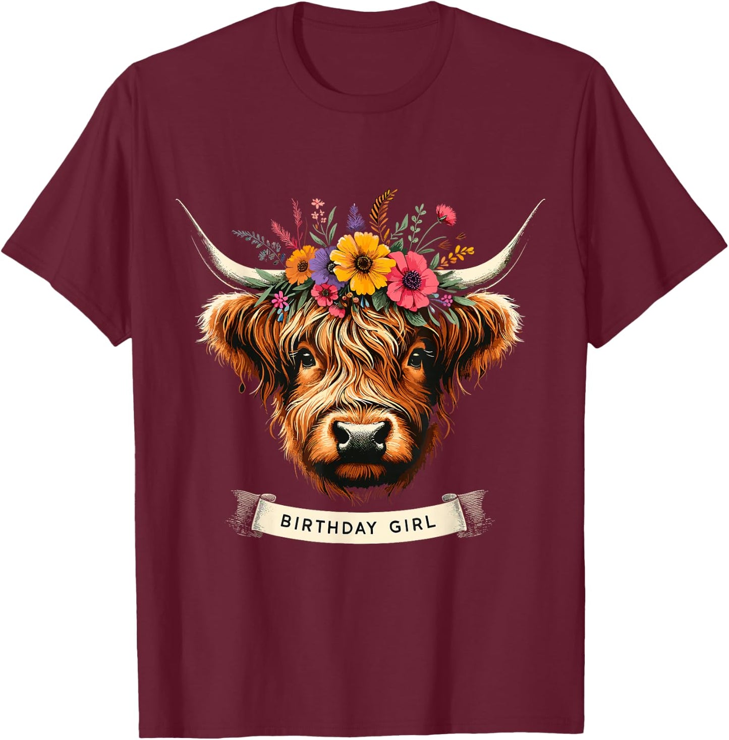 Highland Cow Birthday Girl Party T-Shirt - T-Shirt | Maroon