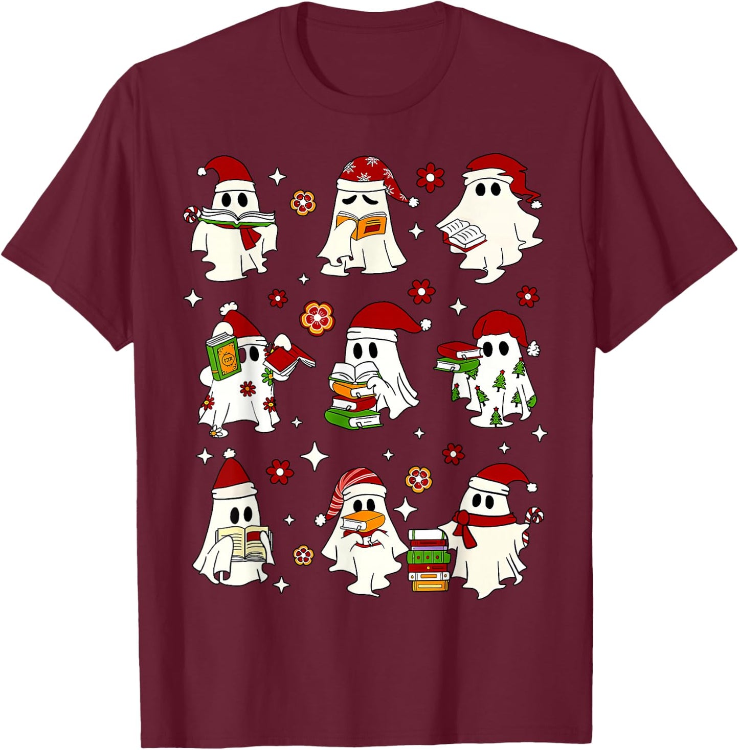 Funny Santa Ghost Reading Books Christmas Library Teacher T-Shirt - T-Shirt | Maroon