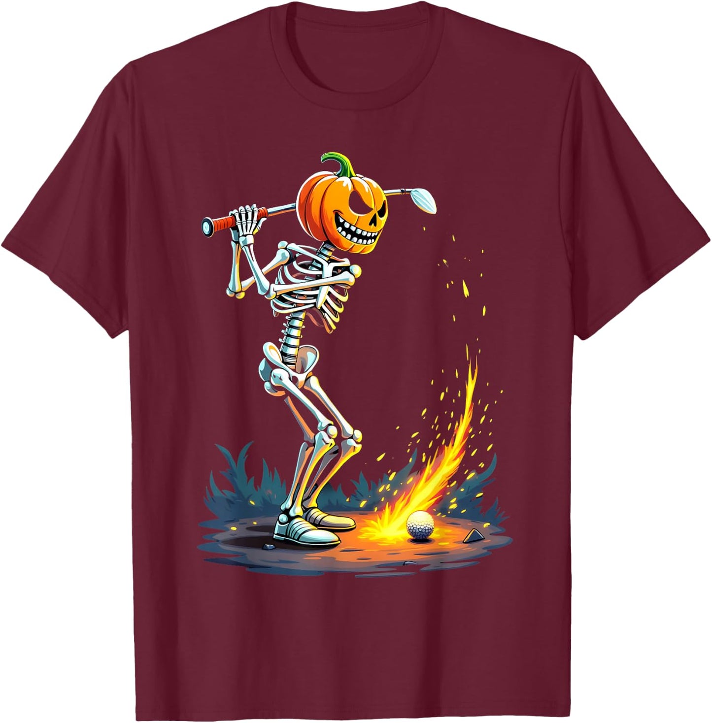 Pumpkin Head Skeleton Playing Golf Fireball T-Shirt - T-Shirt | Maroon