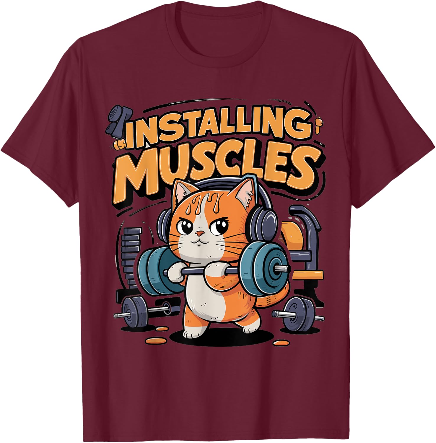 Funny Cat Installing Muscles Please Wait Lifting Barbell Women Girls Kids T-Shirt - T-Shirt | Maroon