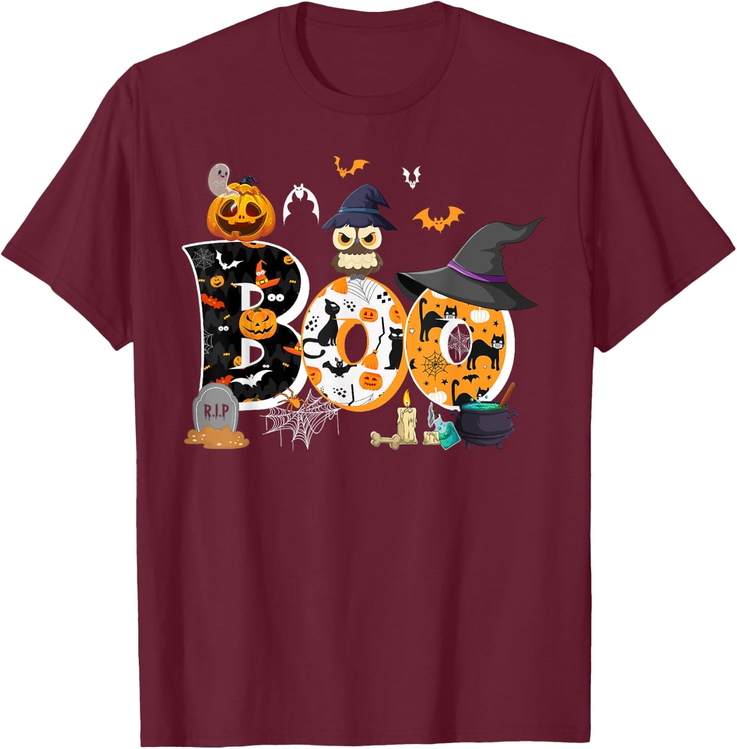Halloween Costume Boo Owl Witch Hat Spider Pumpkin T-Shirt - T-Shirt | Maroon