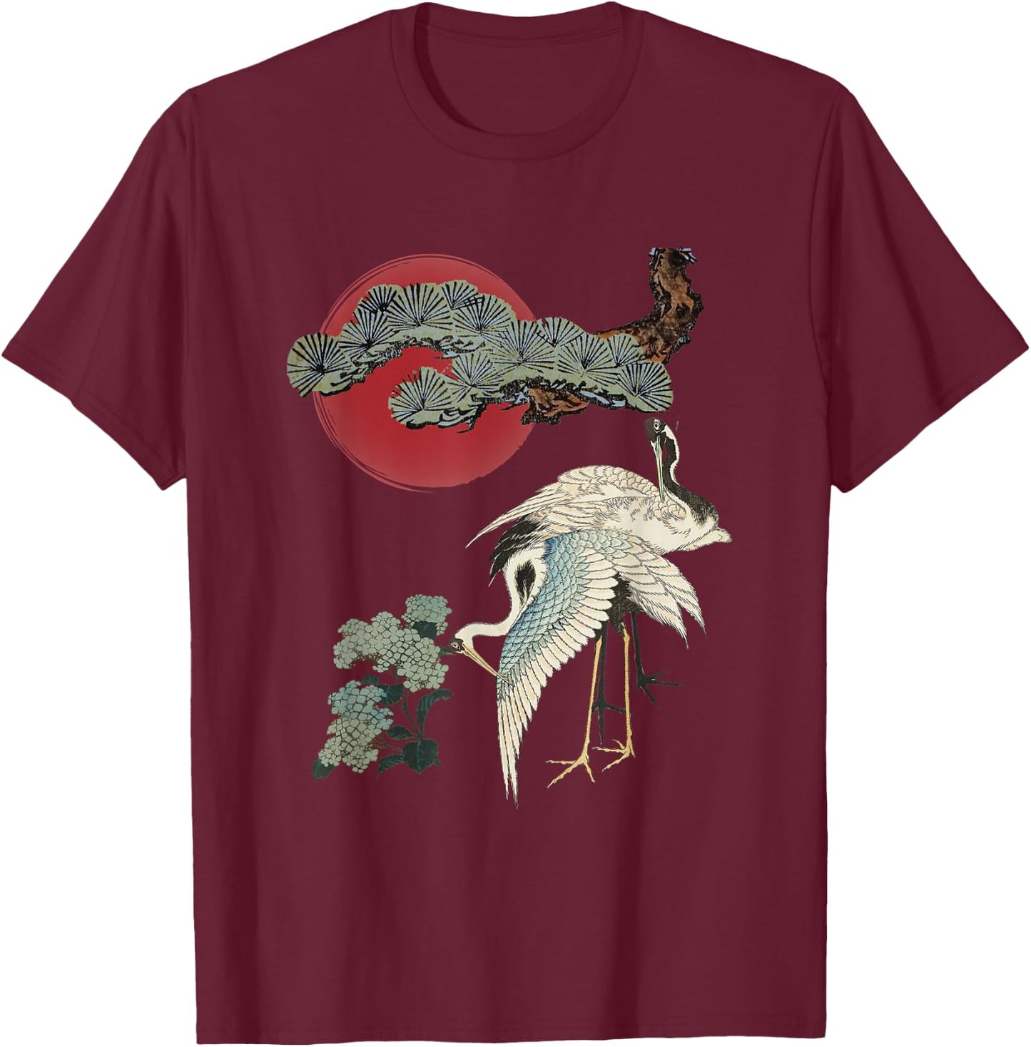 Japanese Crane and Pine Tree Art Elegant Traditional Design T-Shirt - T-Shirt | Maroon