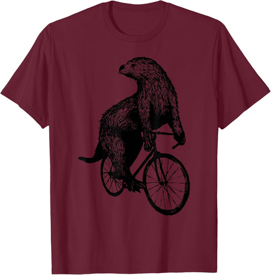 Otter Riding Bicycle Vintage Cycling Biking Otter Biker T-Shirt - T-Shirt | Maroon