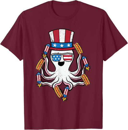 Octopus American Hat 4th Of July Hotdog Patriotic Animal T-Shirt - T-Shirt | Maroon