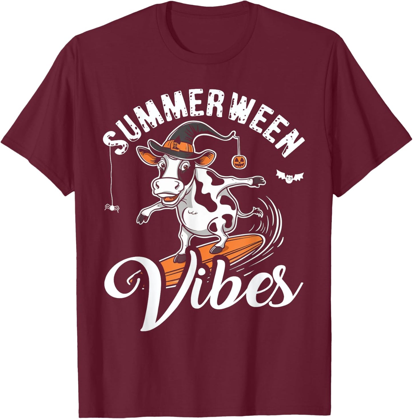 Summerween Vibes Funny Cow Surfing Summer Halloween Vacation T-Shirt - T-Shirt | Maroon
