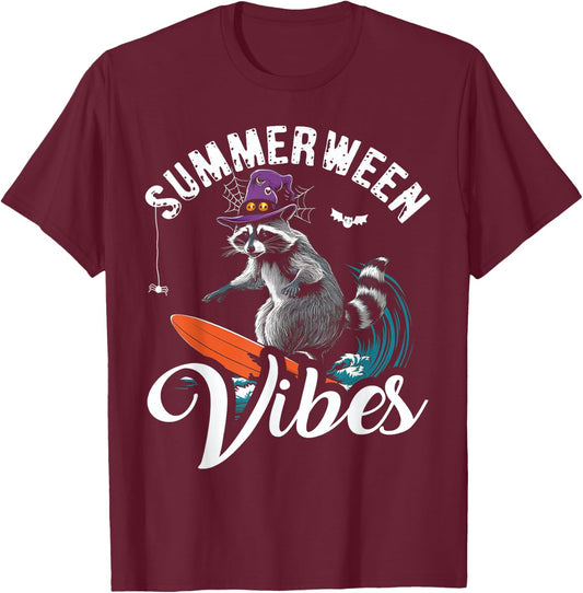 Summerween Vibes Raccoon Surfing Summer Halloween Vacation T-Shirt - T-Shirt | Maroon