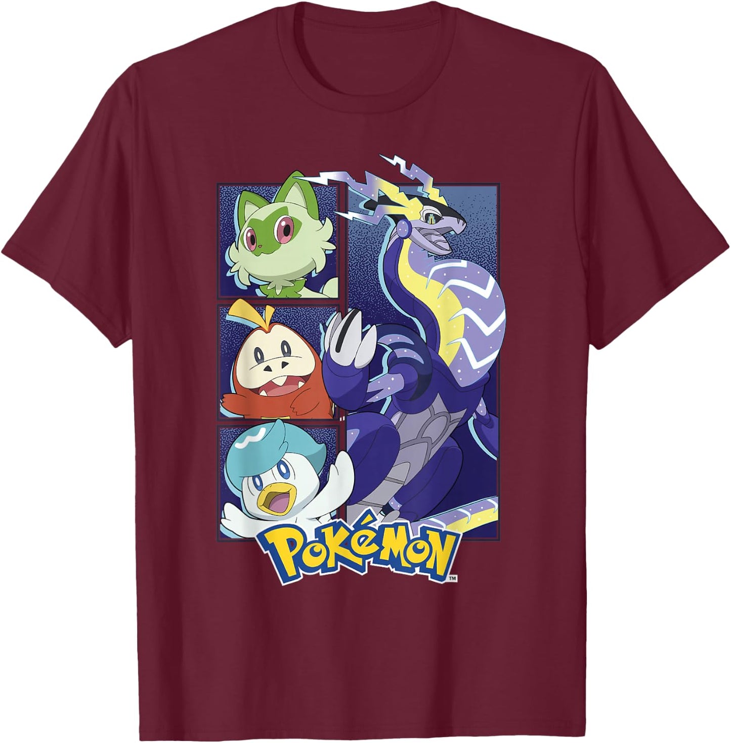 Pokémon Miraidon & Paldea Starters Boxed Up Portraits T-Shirt - T-Shirt | Maroon