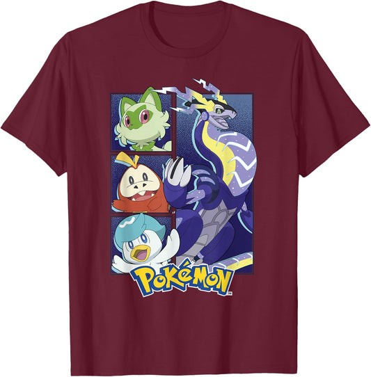 Pokémon Miraidon & Paldea Starters Boxed Up Portraits T-Shirt - T-Shirt | Maroon