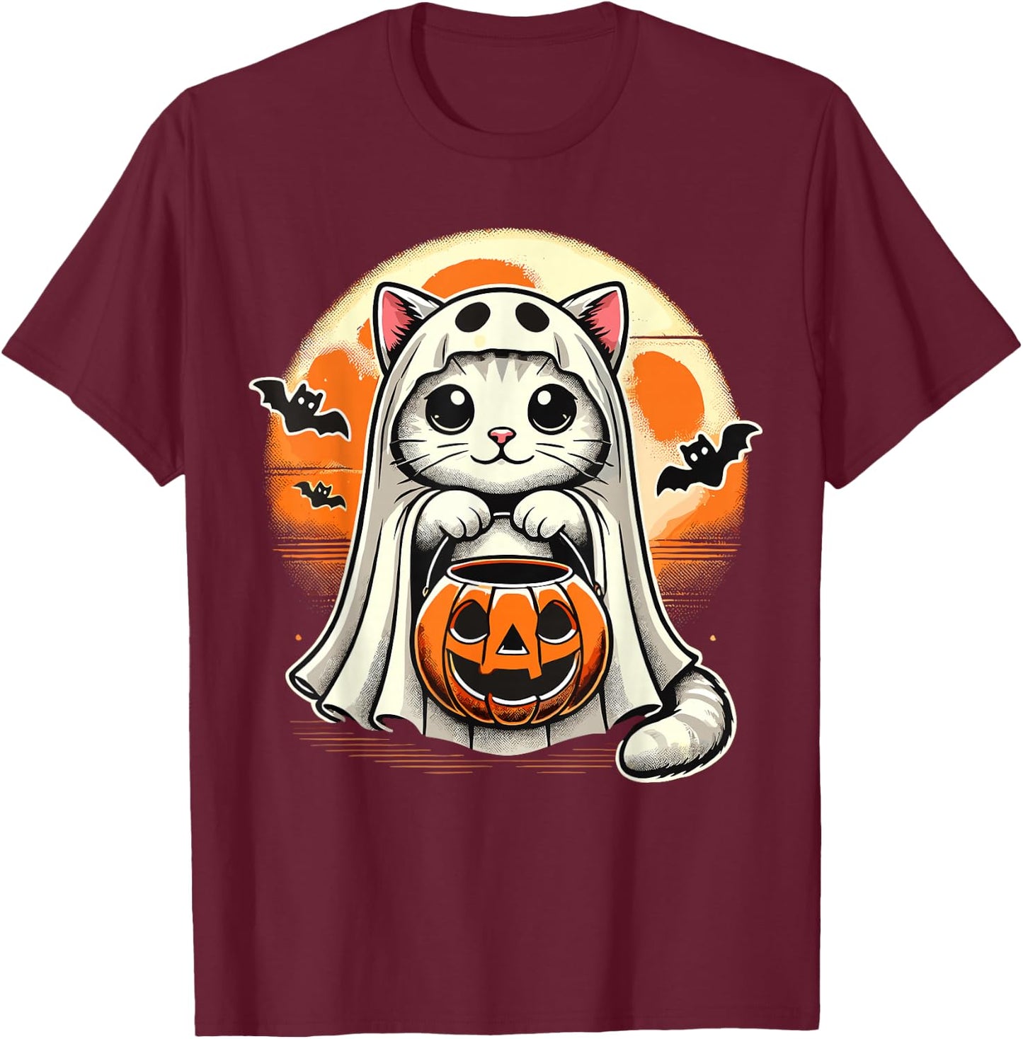 Cat Ghost Halloween Funny Cat T-Shirt - T-Shirt | Maroon