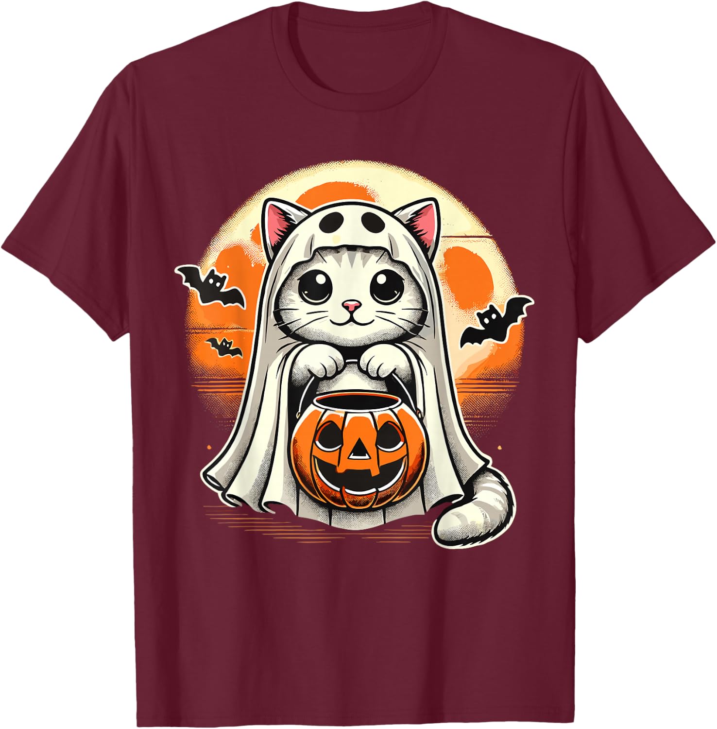 Cat Ghost Halloween Funny Cat T-Shirt - T-Shirt | Maroon