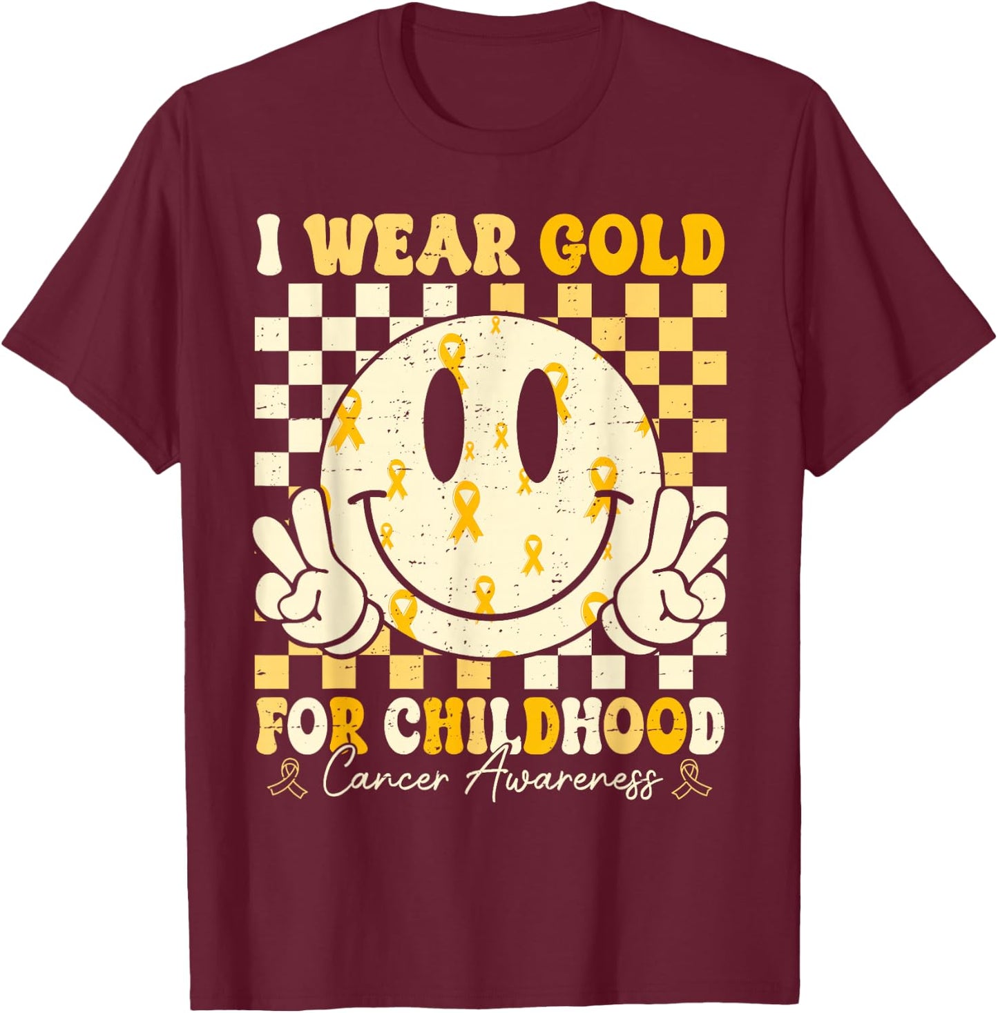 Retro I Wear Gold For Childhood Cancer Awareness Gold Ribbon T-Shirt - T-Shirt | Maroon