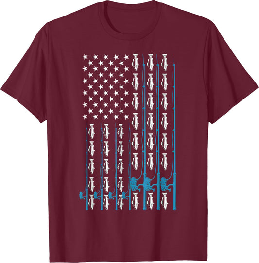 Fishing Rod Fishing Lover Fisherman Vintage American Flag T-Shirt - T-Shirt | Maroon