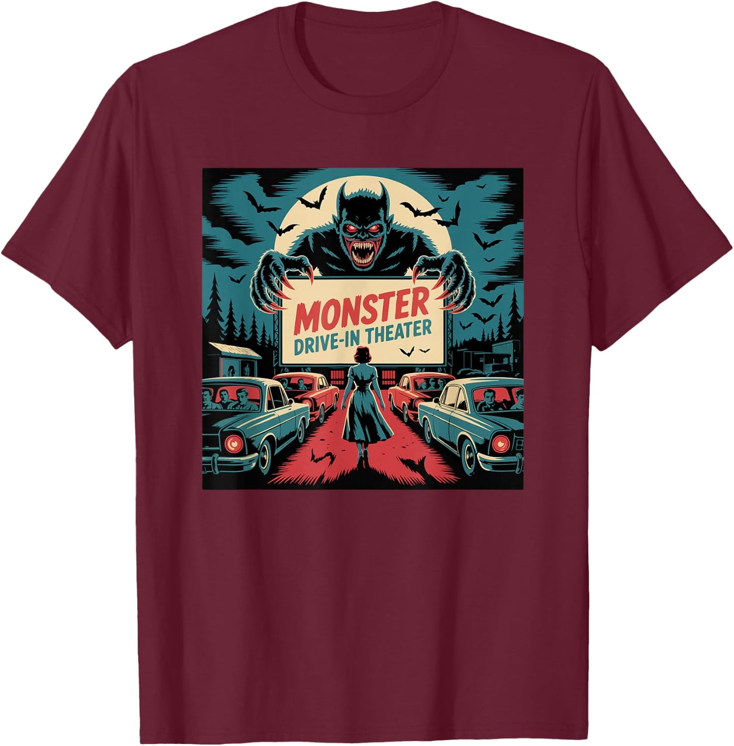 Retro Monster Drive-In Horror Movie Art Vintage T-Shirt - T-Shirt | Maroon