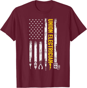 Union Electrician Tools USA Flag Pro American Electricians T-Shirt - T-Shirt | Maroon