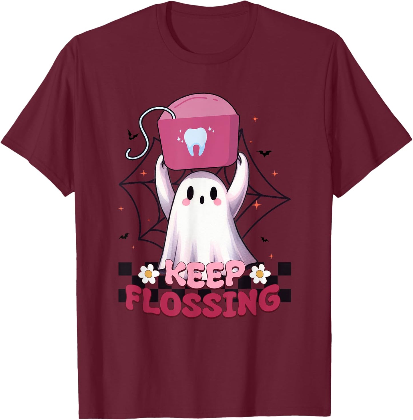 Keep Flossing Ghost Groovy Dental Hygiene Halloween Crew T-Shirt - T-Shirt | Maroon