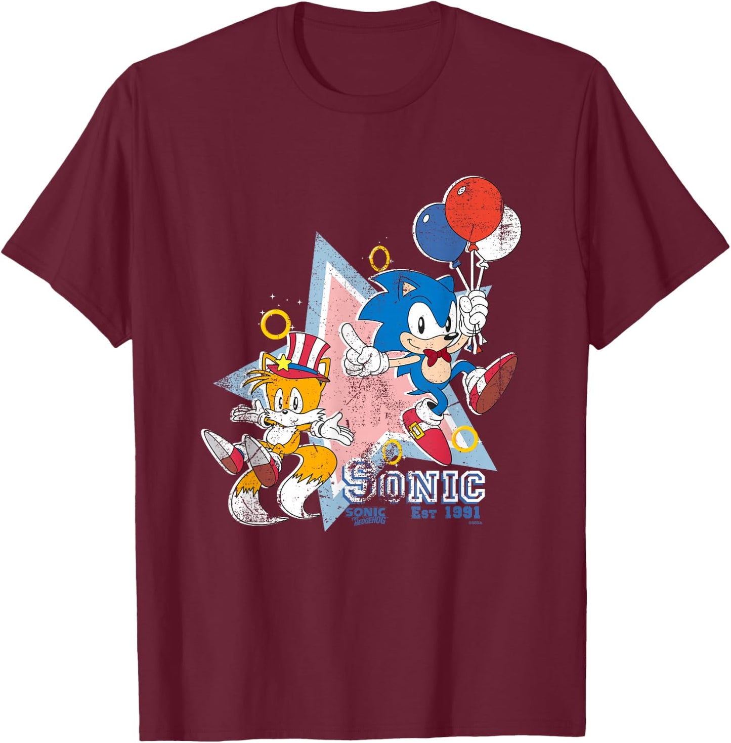 Sonic The Hedgehog Americana Sonic & Tails Celebration Retro T-Shirt - T-Shirt | Maroon