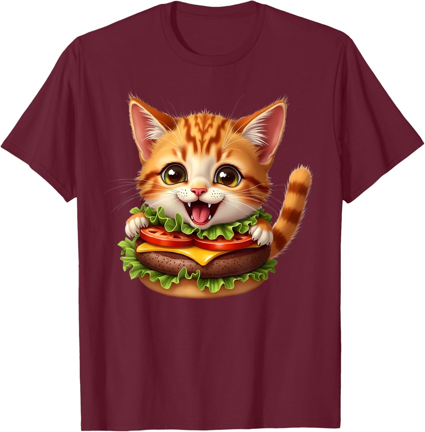 Funny Fast Food Cat Burger Lover Cute Cats Cheeseburger Men Women Kids T-Shirt - T-Shirt | Maroon
