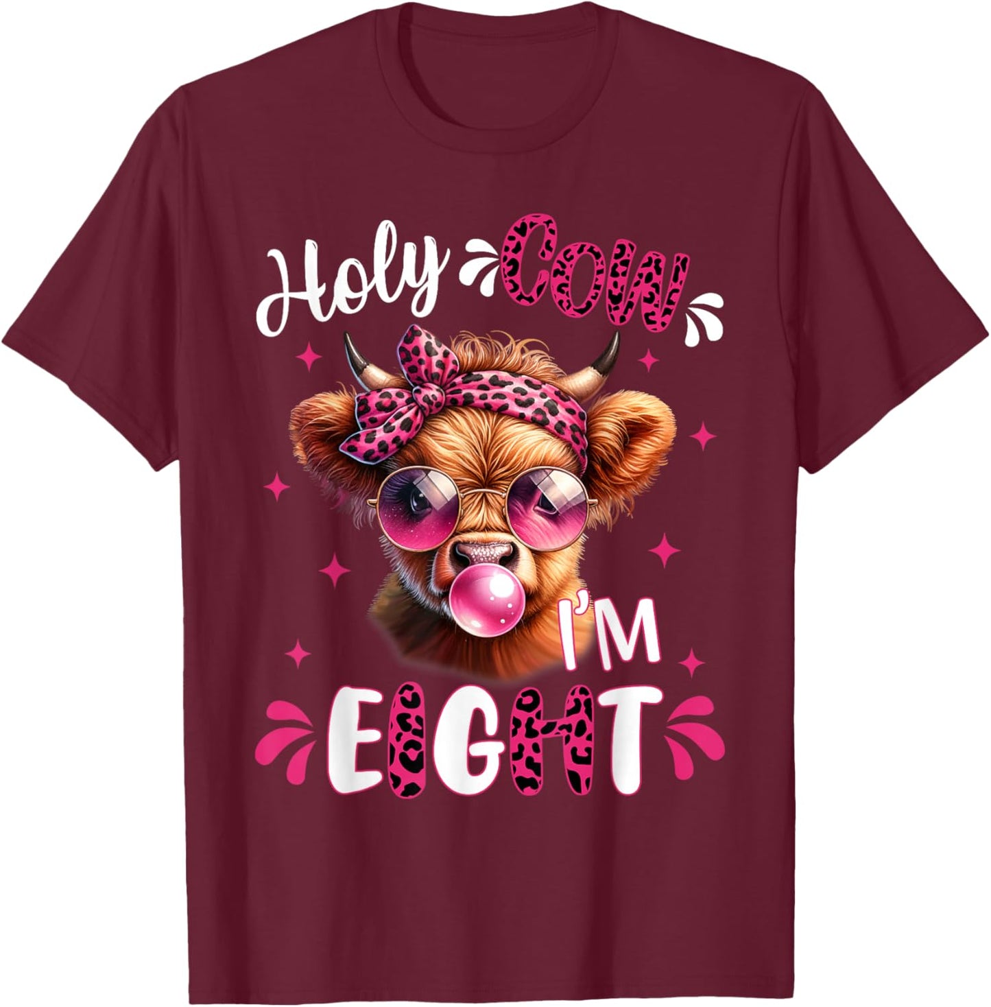 I'm Eight Years Old Girl It's My 8th Birthday Highland Cow T-Shirt - T-Shirt | Maroon