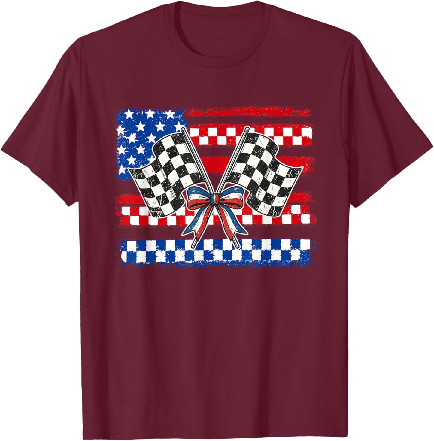 Patriotic Racing Flags Shirt Checkered Flag USA Race Day T-Shirt - T-Shirt | Maroon