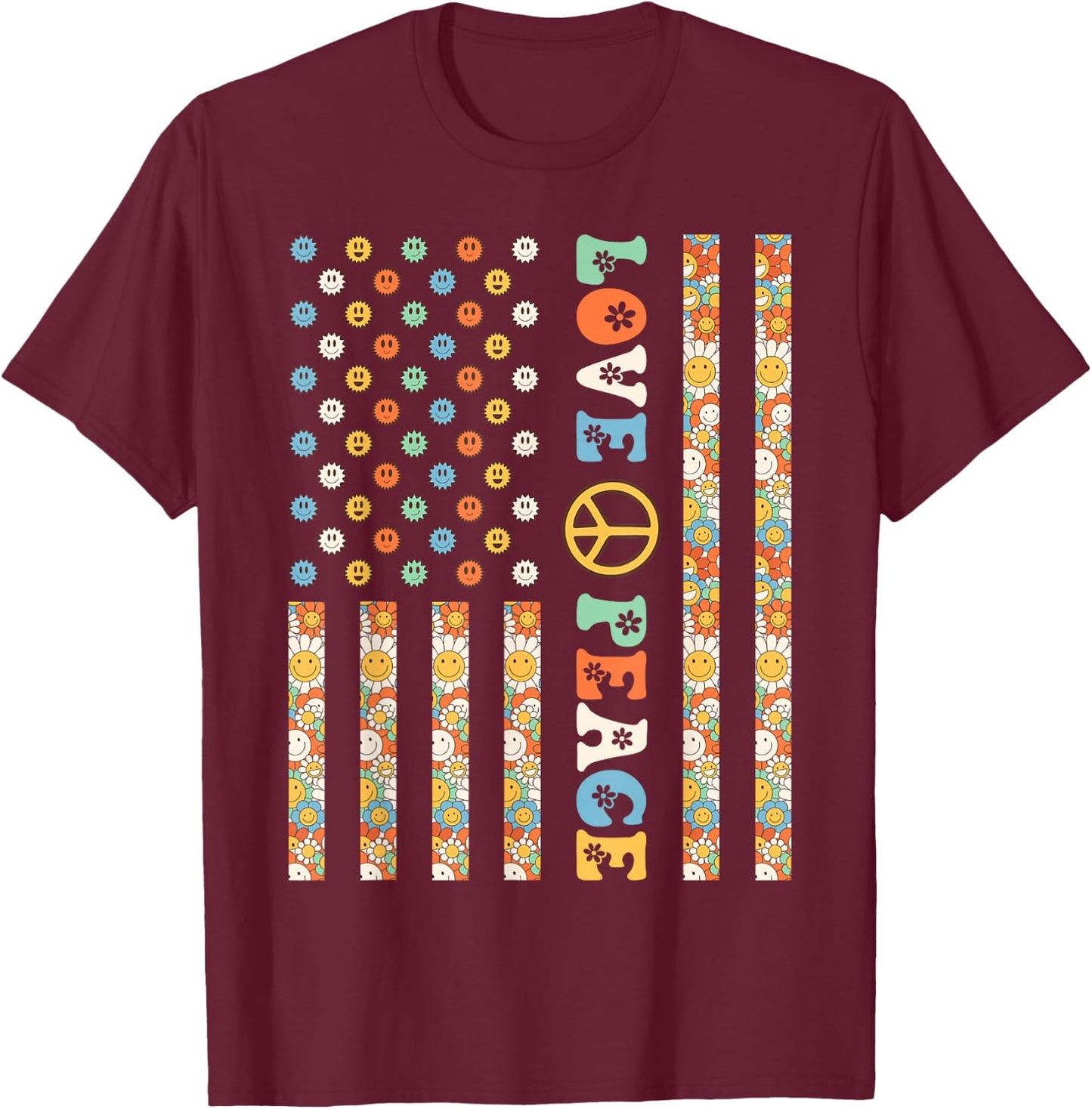 60s 70s American Flag Outfits Girls Kids Hippy Outfit USA Flag Hippie Groovy 1960s 1970s Love Peace T-Shirt - T-Shirt | Maroon
