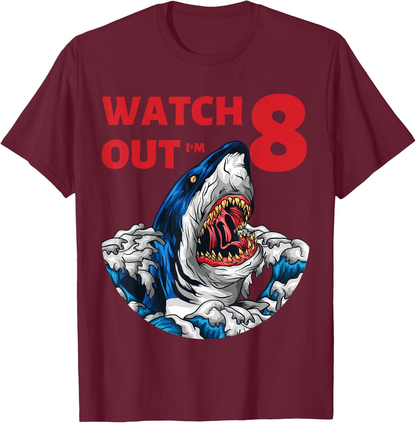 8th Birthday Shark Shirt Boys Party Gift 8 Year Old T-Shirt - T-Shirt | Maroon