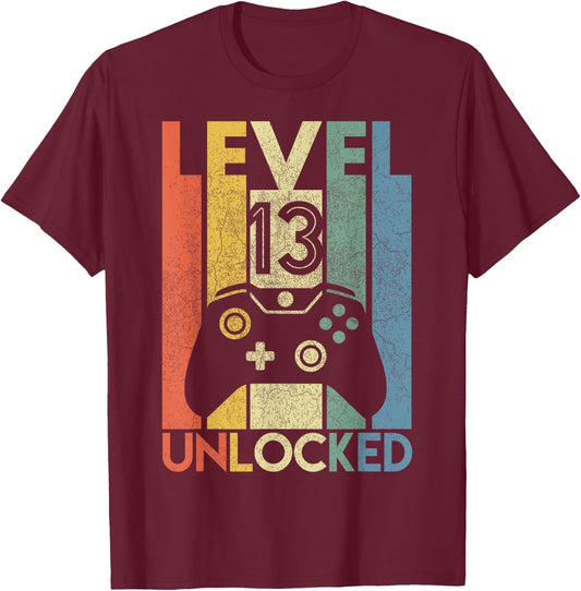 Level 13 Unlocked Shirt Funny Video Gamer 13th Birthday Gift T-Shirt - T-Shirt | Maroon