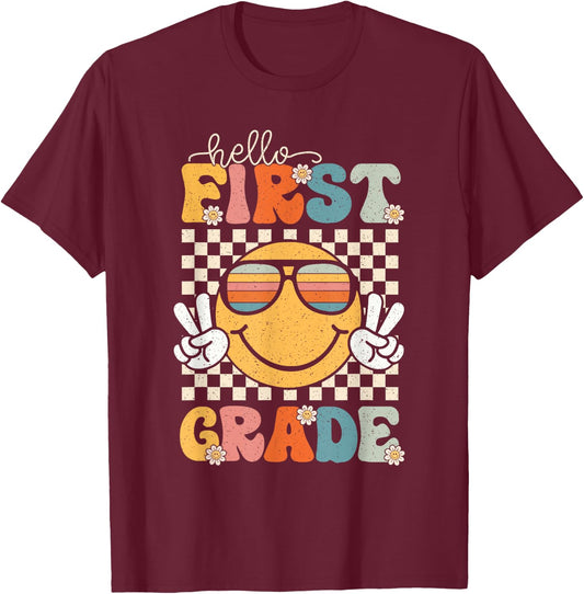 Hello First Grade Retro 1st Day of School 1st Grade Team T-Shirt - T-Shirt | Maroon