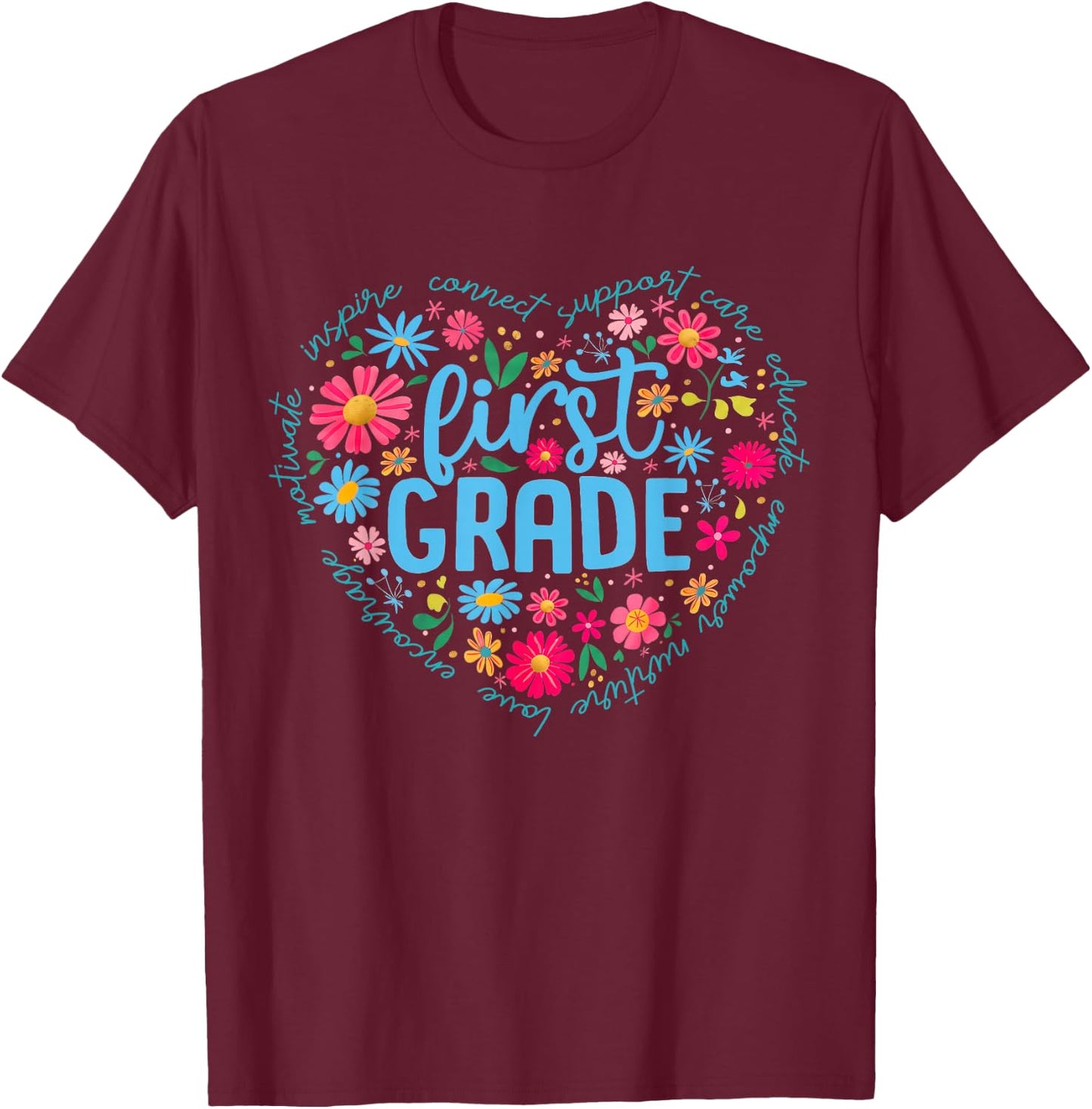 1st First Grade Floral Heart Back to School Teacher Girls T-Shirt - T-Shirt | Maroon
