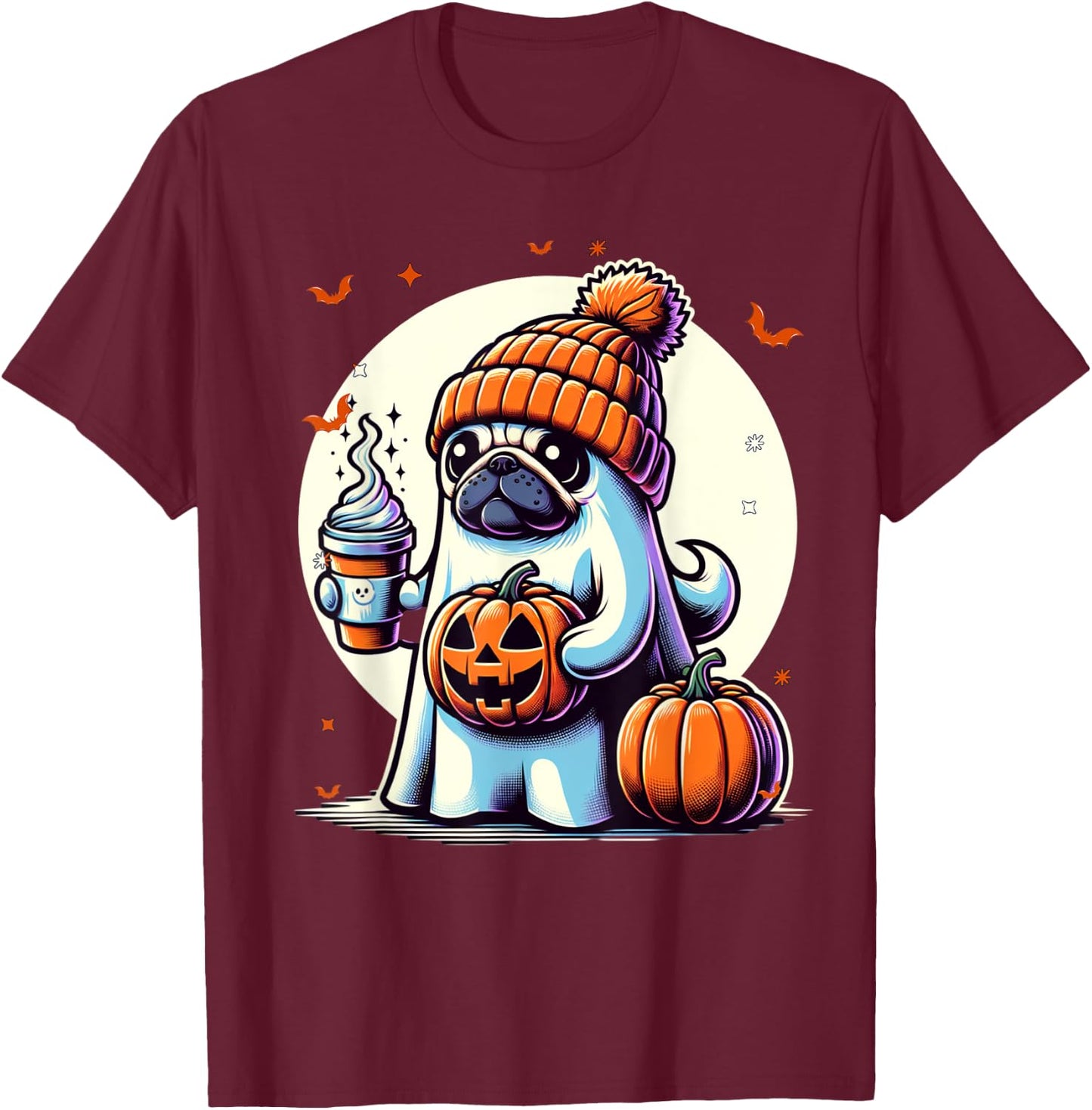 Ghost Pug Pumpkin Drinks Beanie Fall Halloween T-Shirt - T-Shirt | Maroon