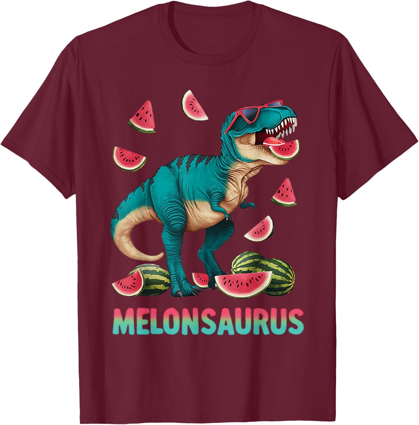 Funny Melonsaurus Watermelon Dinosaur T Rex Summer Vacation T-Shirt - T-Shirt | Maroon