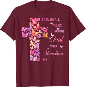 I Can Do All Things Through Christ Pink Butterfly Cross T-Shirt - T-Shirt | Maroon