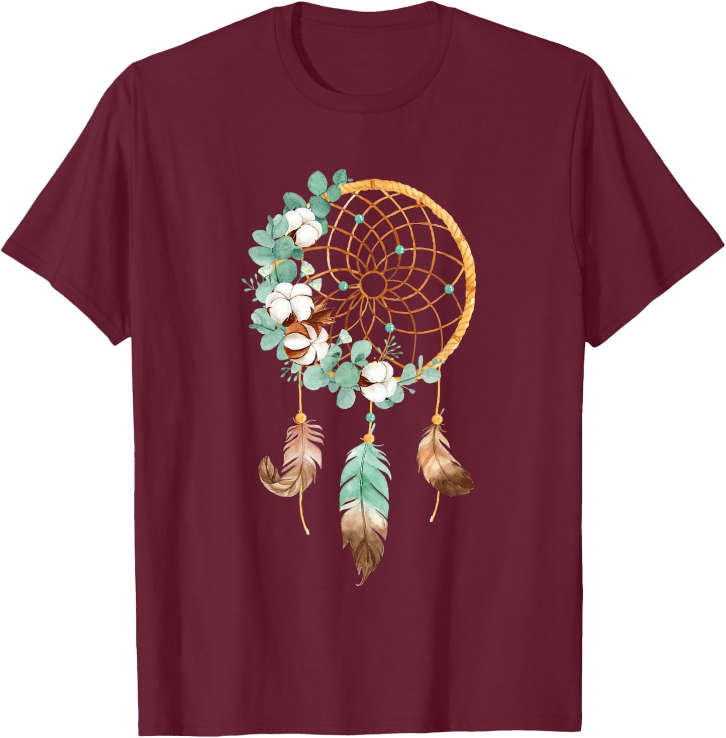 Floral Boho Watercolor Dream Catcher Bohemian Dream Catcher T-Shirt - T-Shirt | Maroon