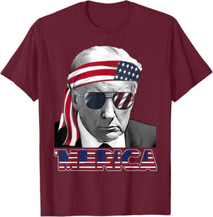 'MERICA TRUMP Happy 4th Of July Trump American Flag T-Shirt - T-Shirt | Maroon