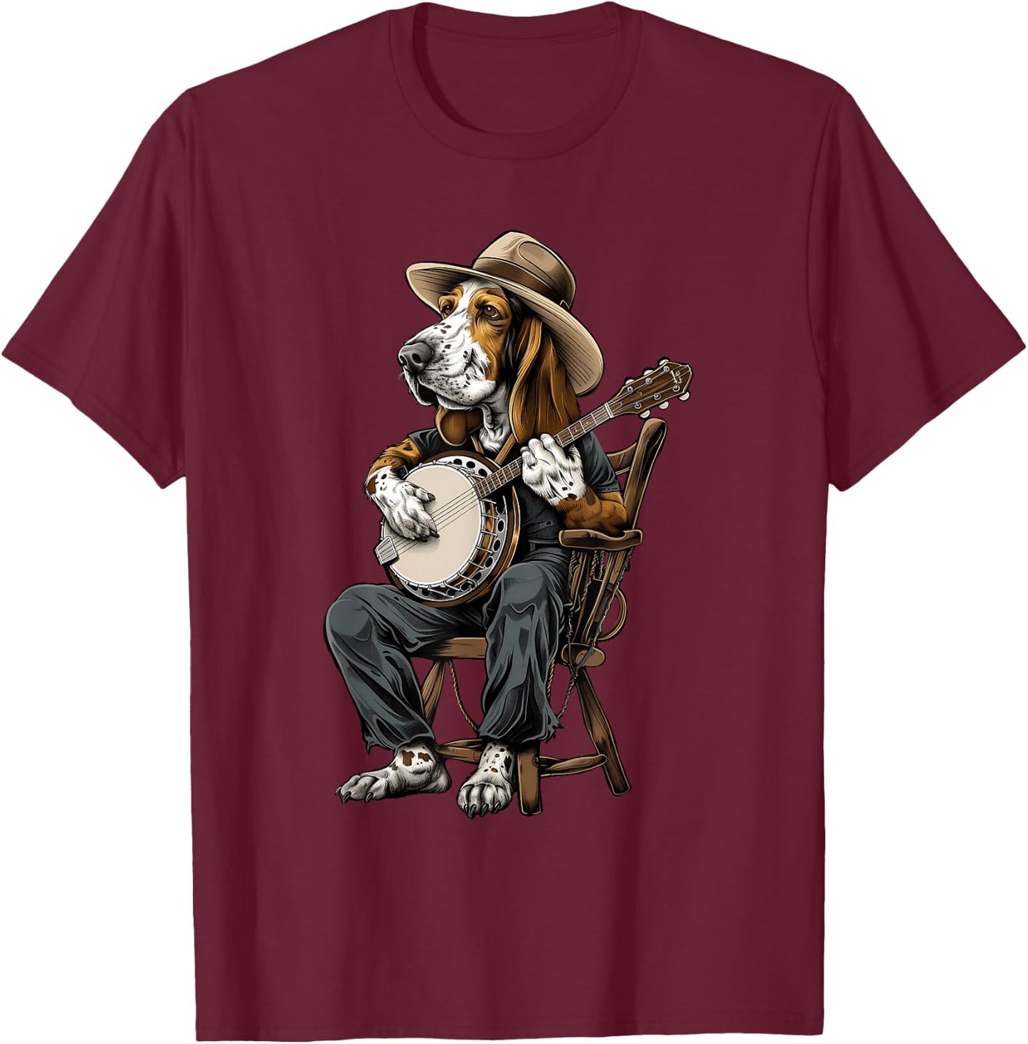 Basset Hound Dog Bluegrass Banjo Player T-Shirt - T-Shirt | Maroon