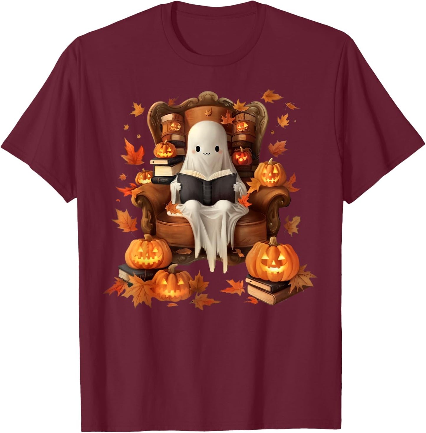 Vintage Ghost Book Reading Pumpkin Gothic Halloween Teachers Women Kids T-Shirt - T-Shirt | Maroon