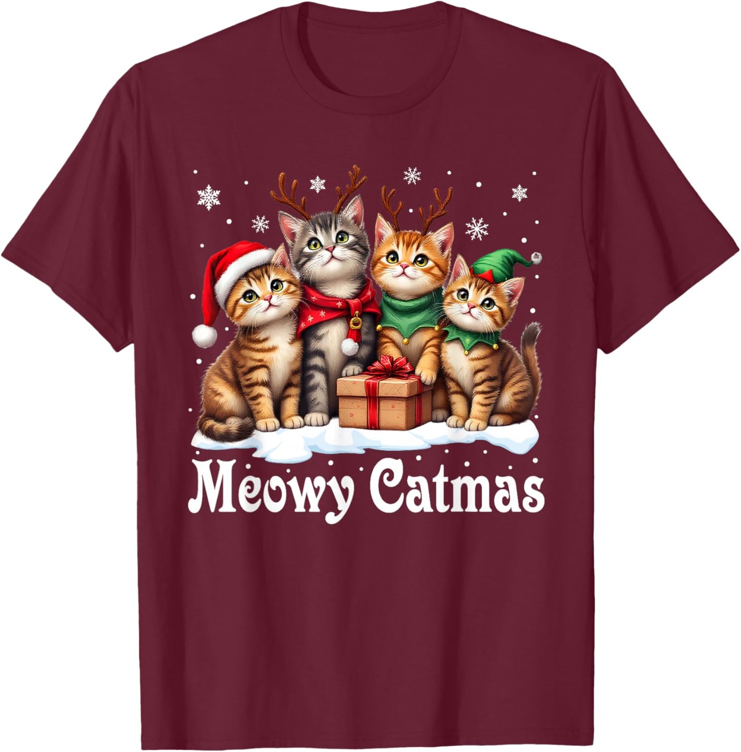 Cat Cats Christmas Pajamas Men Women Boys Girls Meowy Catmas T-Shirt - T-Shirt | Maroon
