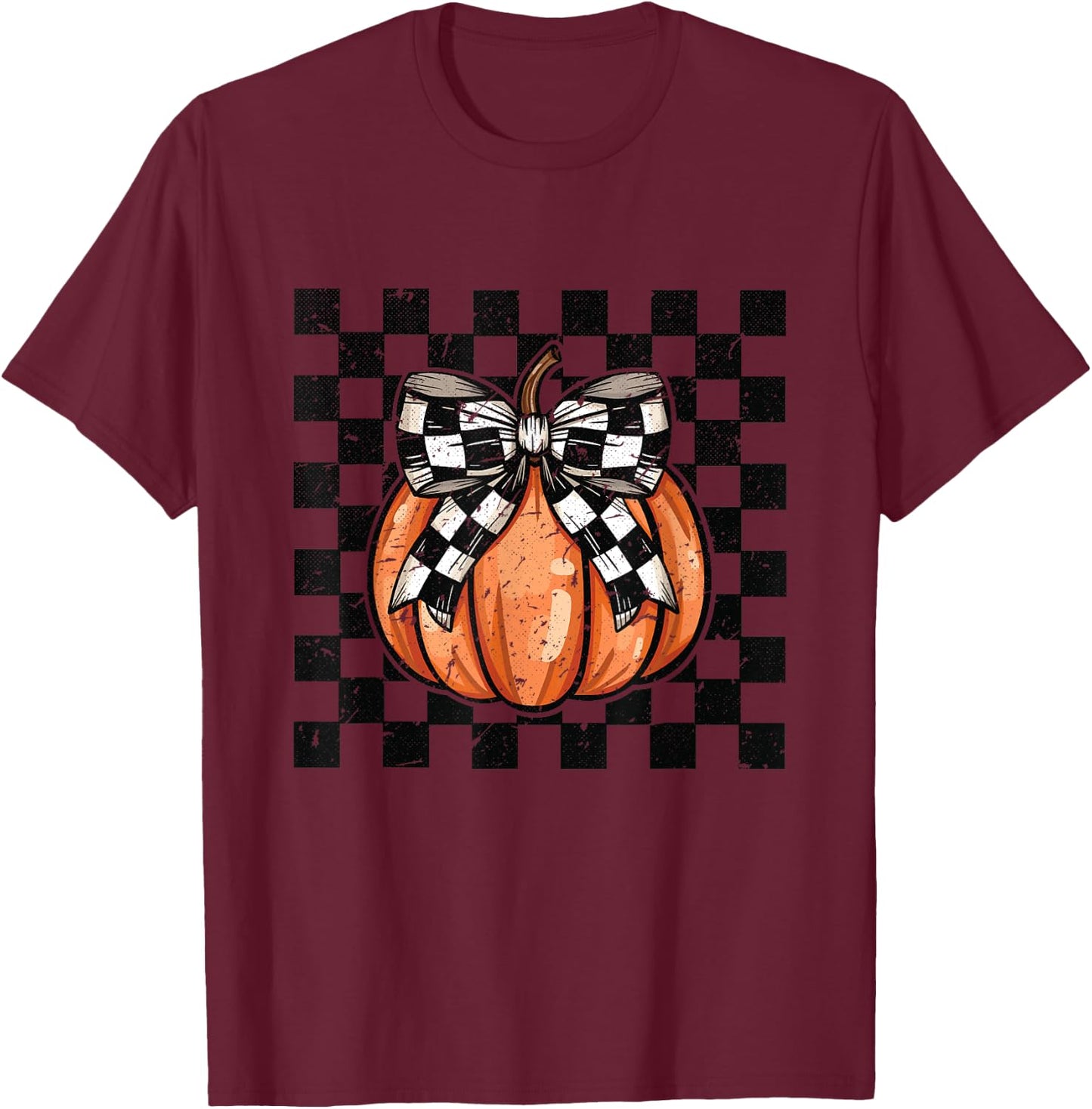 Vintage Checkered Halloween Pumpkin T-Shirt - T-Shirt | Maroon