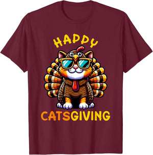 Happy Catsgiving Thanksgiving Funny Turkey Cat Men Women Girls Kids T-Shirt - T-Shirt | Maroon