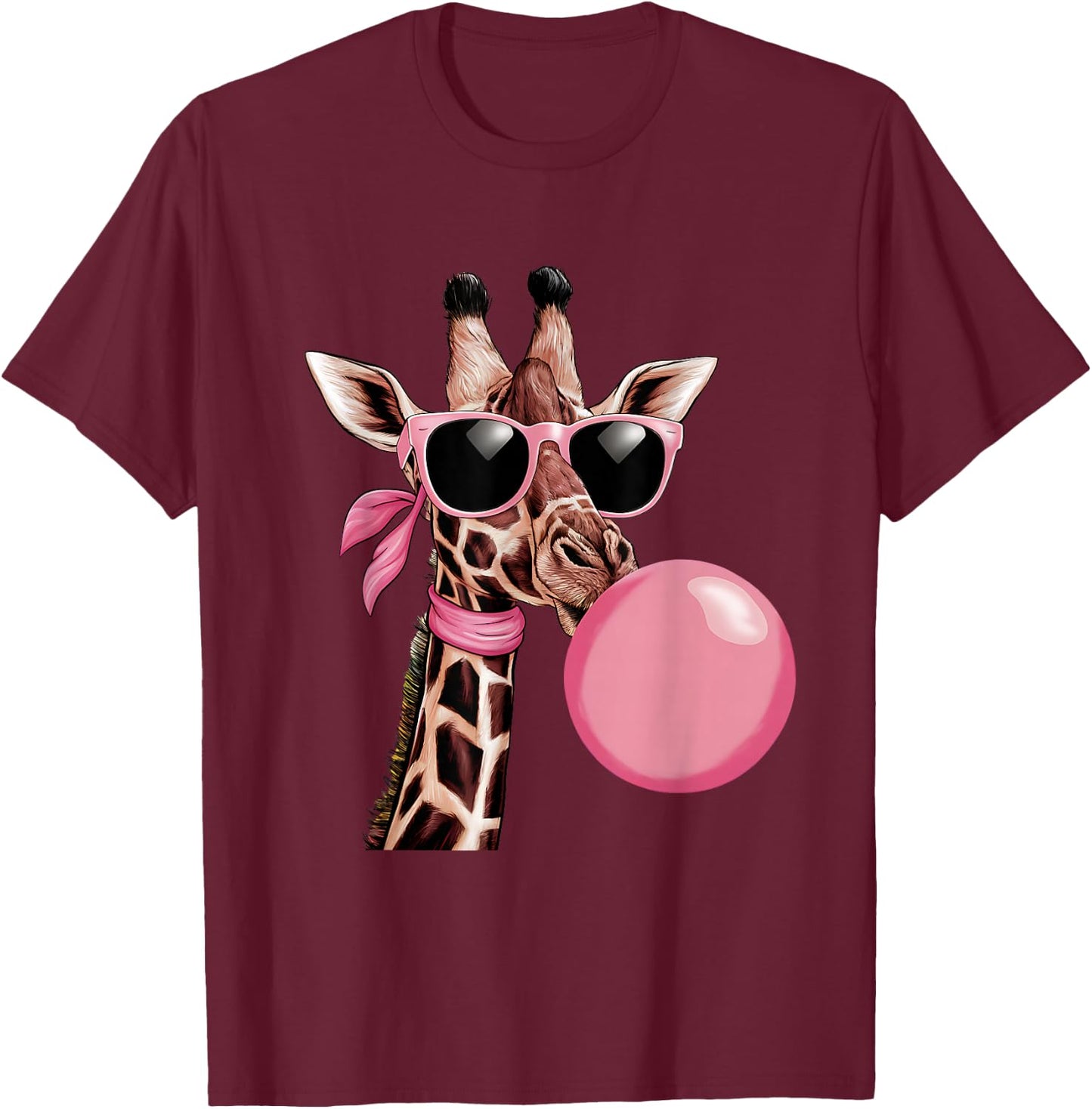 Funny Cute Giraffe Pink Bubble Gum and Pink Sunglasses T-Shirt - T-Shirt | Maroon