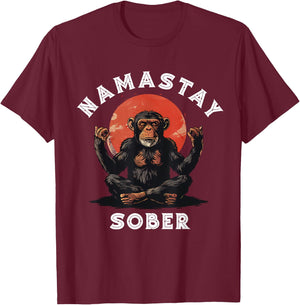 Monkey Namastay Sober NA AA Alcoholics Anonymous Mediation T-Shirt - T-Shirt | Maroon