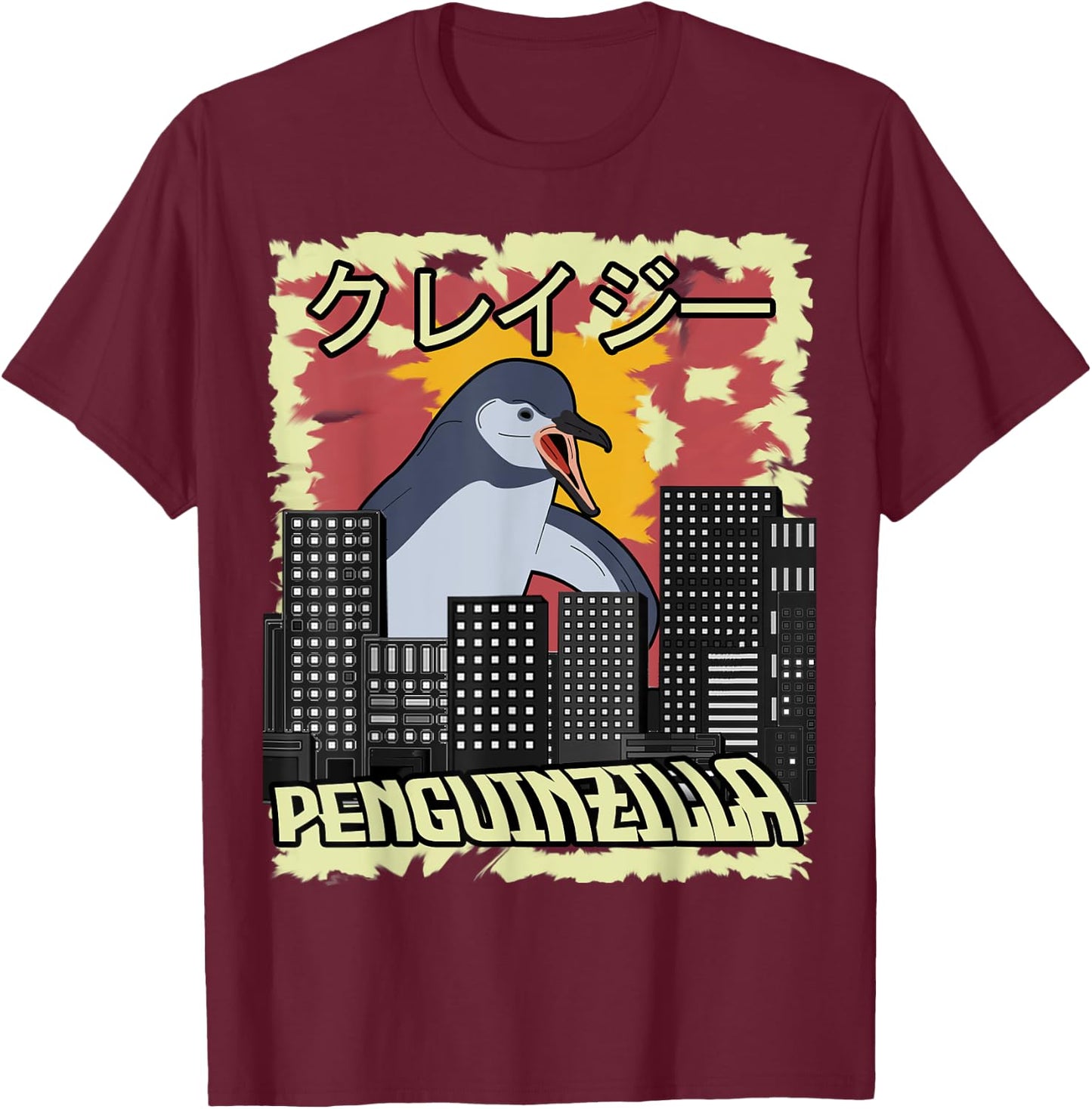 Penguinzilla Lunatic Penguin Demolishing Zilla Japanese Gift T-Shirt - T-Shirt | Maroon