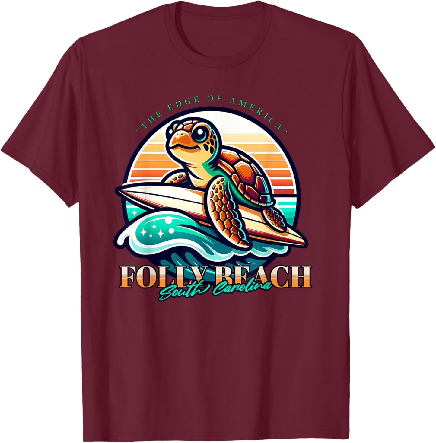 Folly Beach South Carolina Loggerhead Sea Turtle Retro Sun Women Kids T-Shirt - T-Shirt | Maroon